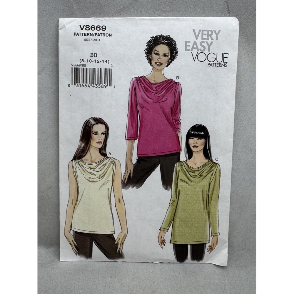 Very Easy Vogue Pattern V8669 Pullover Semifitted Tops 8 10 12 14